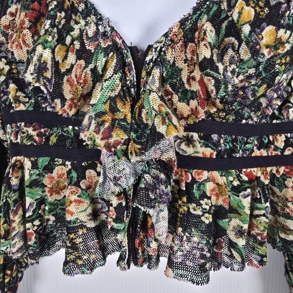 NWT Free People Rudi Ruffle Top In Green & Black Long Sleeve Cropped Size XS - Picture 8 of 16